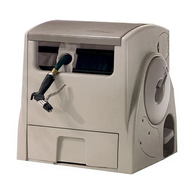 Suncast 100 Ft. Powerwind Auto Power Rewind Hose Reel, Light Taupe