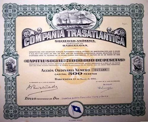 BIG BEAUTIFUL RARE 1946 SPAIN - CUEBA SHIPPING BOND! 4 MARITME VIGNETTES cv $250