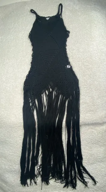 Venus Crochet Maxi Dress Women's L XL Boho Black See Through Long Fringe