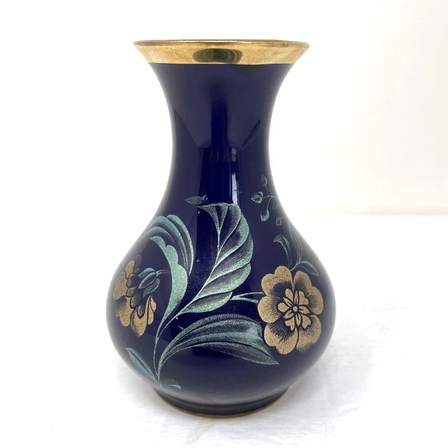 VTG KPM Royal Porzellan Vase Bavaria Germany Cobalt Blue Gold Trim Floral Small