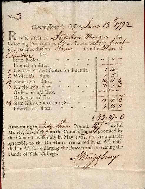 1792, Stephen Munger, Reading CT; state notes, Andrew  Kingsbury signed