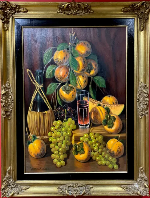 quadro dipinto a olio su tela natura morta frutta con cornice oro stile antico k