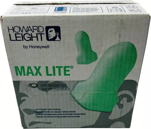 100 PR Howard Leight Max Lite LPF-30 Earplugs Corded Low Pressure Foam NRR 30dB