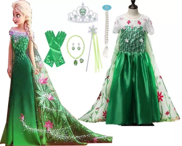 Kids Girls Princess ELSA Dress Queen Cosplay Costume Fancy Anna Dress&FreeCrown/