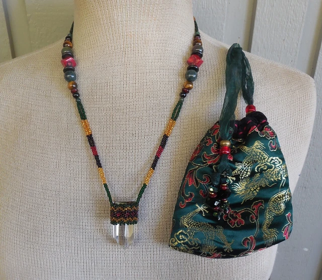 Beaded Quartz Crystal Point Rasta Necklace Tigers Eye, Onyx, Jade Wiccan Healing