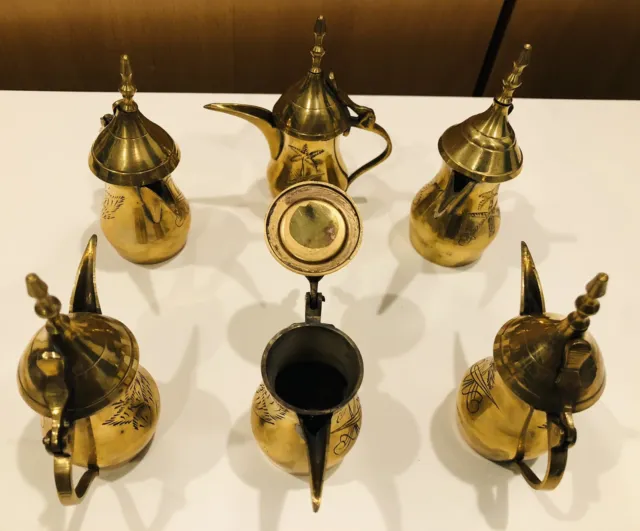 6 Vintage Islamic Arabic Miniature Brass Dallah Coffee Tea Pot Middle East 3.75”