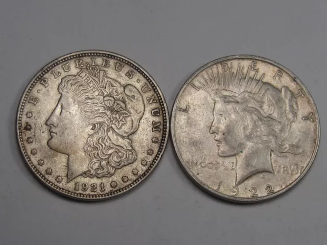 2 US Silver Dollars: 1921 MORGAN & 1922-D PEACE. #20