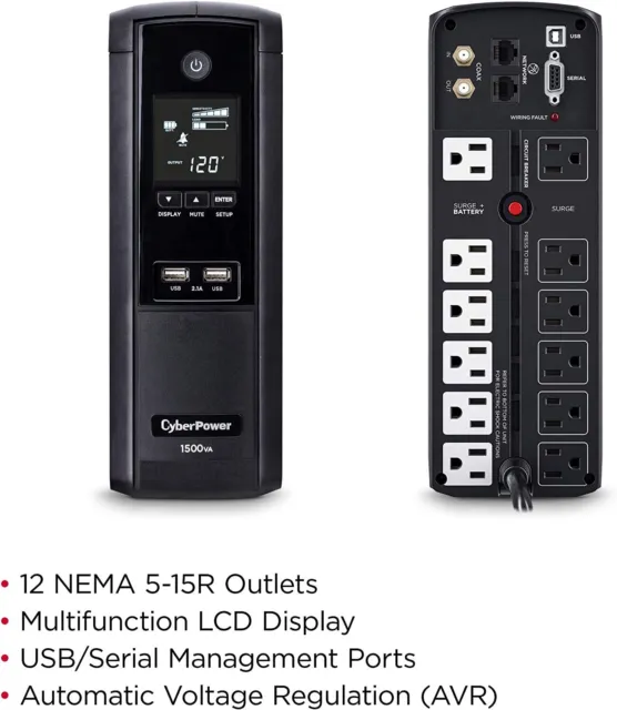 CyberPower Intelligent LCD UPS System, 1500VA/900W, 12 Outlets, AVR, Mini-Tower
