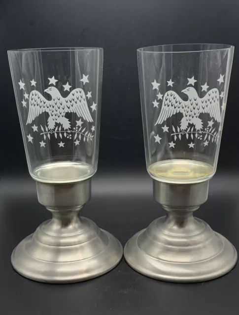 Americana Pewter Candle Holders Etched Glass Eagle Made In USA Set of 2 Vintage