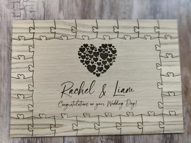 Personalised contemporary oak wedding wooden jigsaw guest book puzzle keepsake