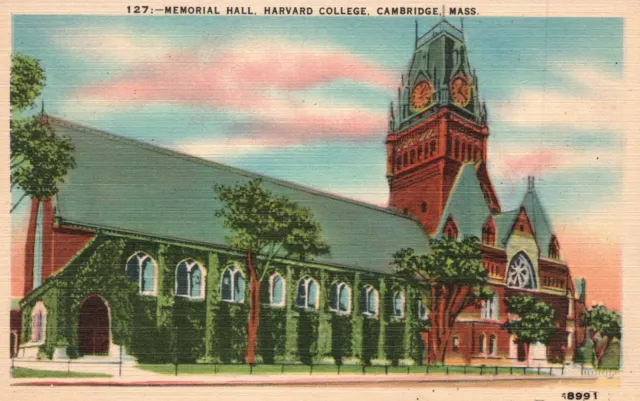 Vintage Postcard Memorial Hall Building Harvard College School Cambridge Mass.