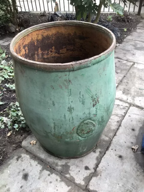 Vintage large green metal  barrel shaped container