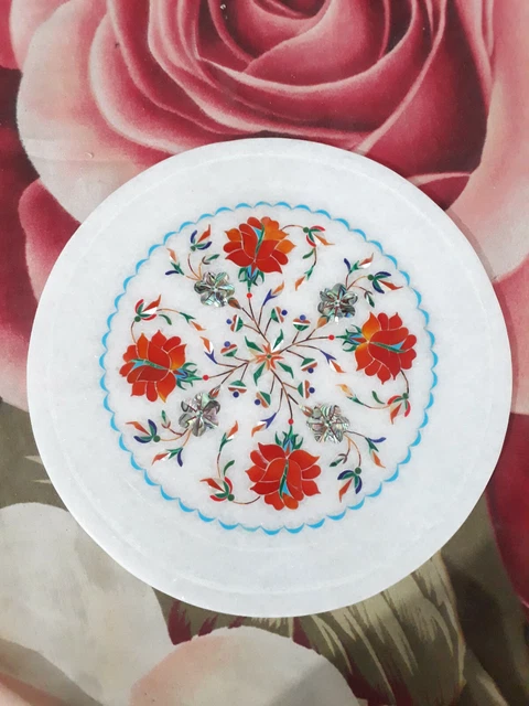 12" Marquetry Floral dish Marble plate decorative malachite inlay room decor i15