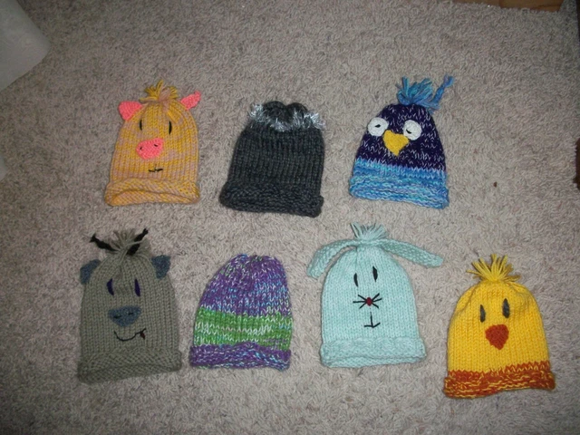 Lot Of 7...Baby  Boys    Hand Knit  Character    Hats- Size  Nb-18 Mo   New !!