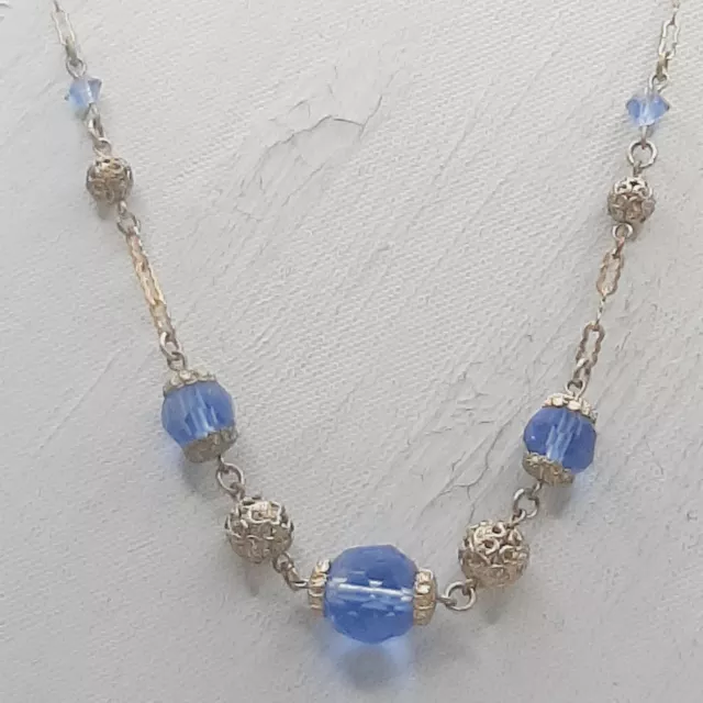c.1930s ART DECO Dark Silvertone BRIGHT BLUE & FILIGREE Bead Chain Necklace