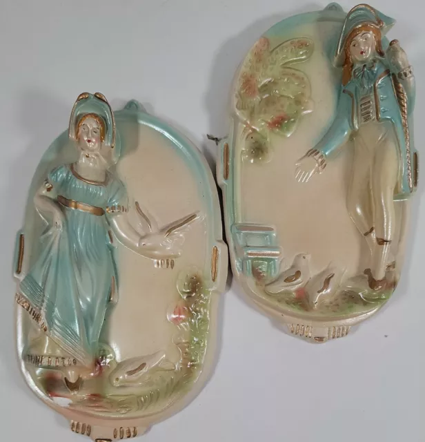 Vintage 1939 Pair of English 3D Wall Hanging Plaques Figurine Baroque Style 7"