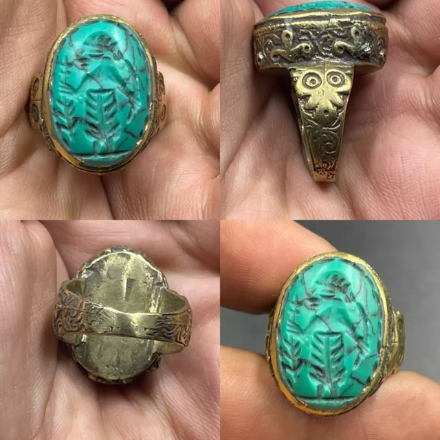 Wonderful Old Malachite Stone Roman Intaglio Seal Stamp Brass Ring