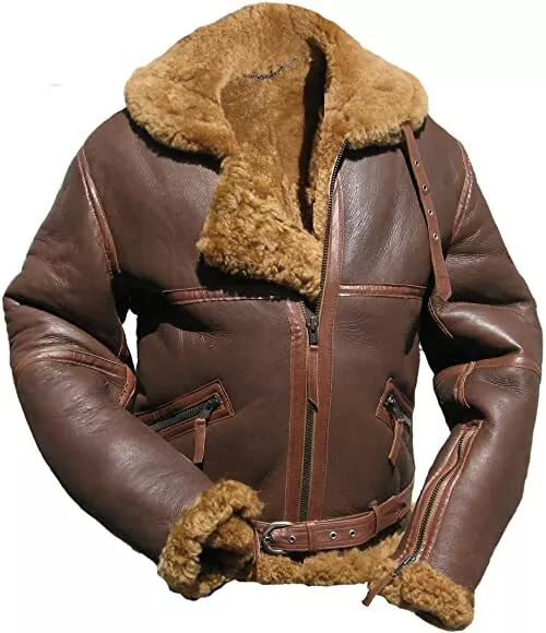 B3 RAF Bomber Mens Brown Aviator Flying Fur Real Shearling Leather Jacket Coat