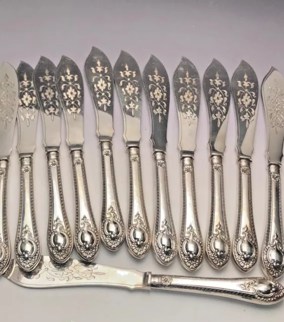 Group of 12 Sterling Silver Fish Knives, Made in England, Mid Century