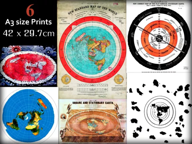 Collection of 6 Flat Earth Maps & Poster Prints - Quality A3 size 350gsm Card