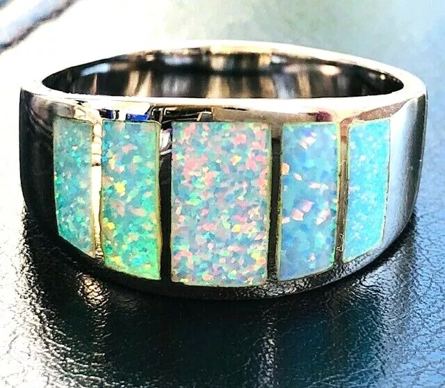 Superb BABY BLUE Five Large Opals Wide Window Band Men's Ring Gold Pink 15.5 Z+