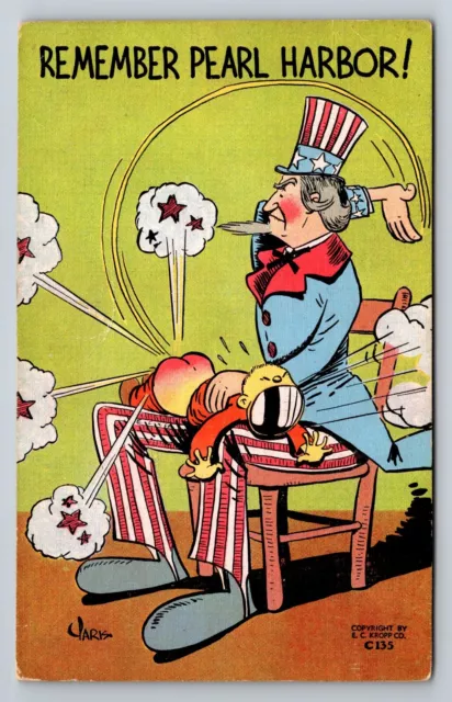 Uncle Sam Spanking Emperor Hirohito "Remember Pearl Harbor" WWII Propaganda