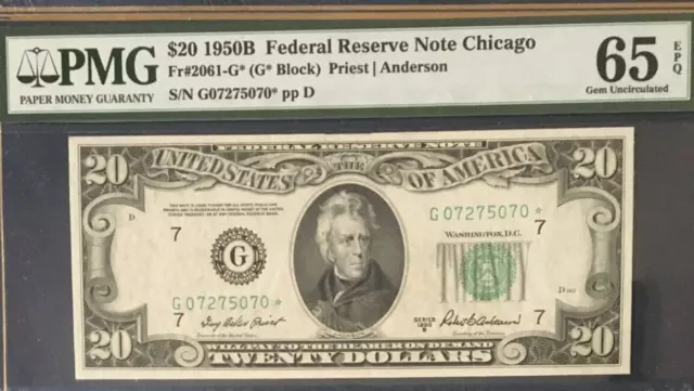 1950B $20 Pmg 65 Epq Gem Uncirculated Federal Reserve *Star* Note Chicago   9167
