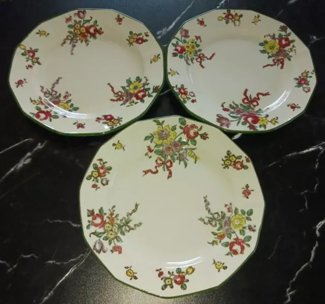 3 Antique Royal Doulton Old Leeds Spray 6.25" Bread Plates Multi Floral Green