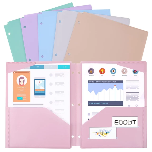 6pcs Folders with Pockets 3 Hole Punched Heavy Duty Binder Folder