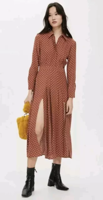 TOPSHOP RUST TAN Polka Dot Spot Print Midi Pleated Shirt Dress 10 Petite Slit 4.99 PicClick UK