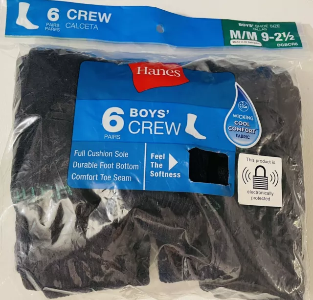 Boys Hanes 6 Pack Crew Socks Size M/M 9-2.5