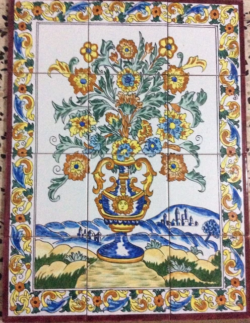 18" x 24" Handpainted Tile Mural Wall Art Ceramic Mosaic Backsplash Flower Vase
