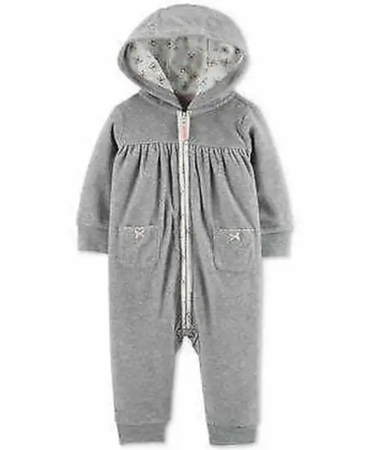 Baby Girl Carters Hooded Zip-Up Fleece Jumpsuit Gray Heather, Size 9 Months