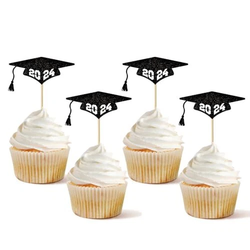 24 PCS 2024 Graduation Cupcake Topper Glitter Class of 2024 Grad Cap