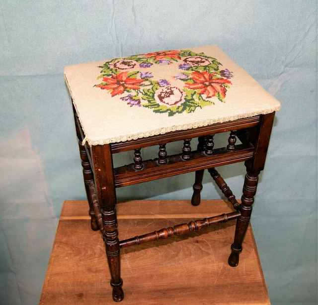 ANTIQUE VICTORIAN UPHOLSTERED Wood Stool Spindle Legs + Upholstered