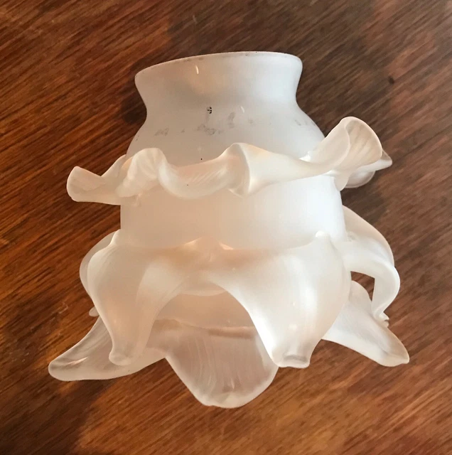 French Antique Lamp Shade Glass Clear Frosted Ruffled Rose Hand Blown Tulip