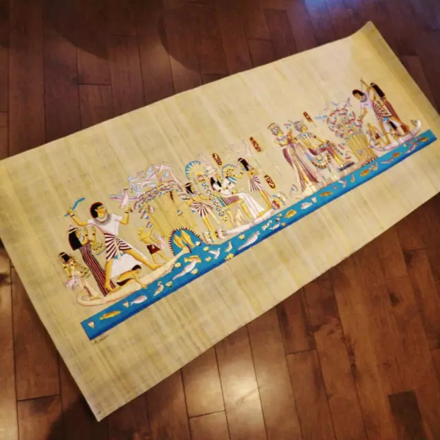 XXXL Huge Signed Handmade Papyrus Egyptian Goddesses on Boat Painting 71"x 26"