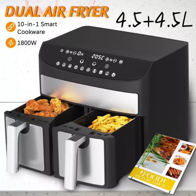 Dual Air Fryer Oilless Cooker with 2 Independent Nonstick Frying Baskets XXL 8 Quart 1800W Black