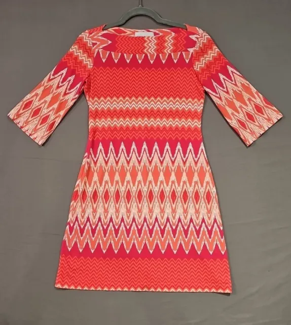 Donna Morgan Dress Womens Size 4 Orange Pink Chevron 3/4 Sleeve Sheath Boat Neck
