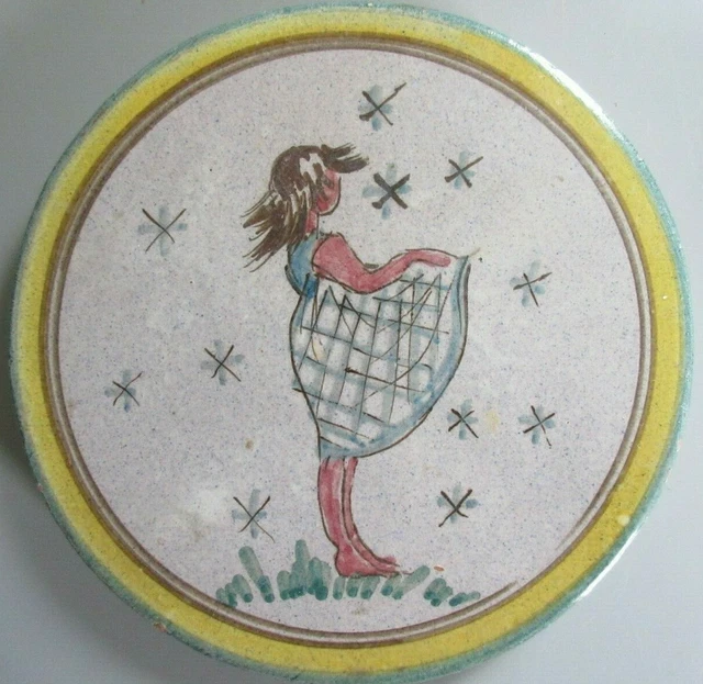 Old Vintage Finland Art Pottery Tea Tile Trivet Hand Painted Girl in Dress Stars