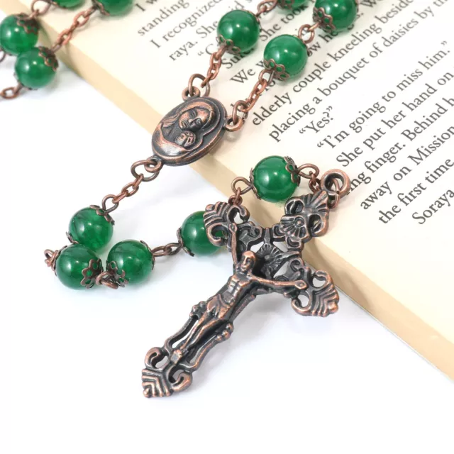 Green Jade Natural Stone Rosary Beads Necklace Holy Soil & Cross Crucifix 3