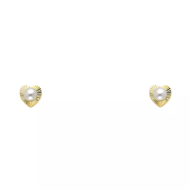 14K Real Gold Cute Heart with Pearl Stud Earrings