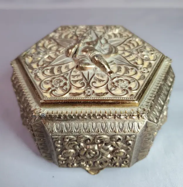 Vintage Cherub Angel Gold Ornate Trinket Jewelry Box Holiday Imports Brass Hex