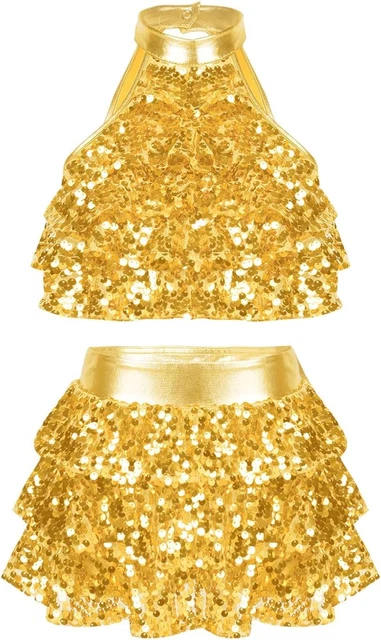 Vestito Ballo Latino Bambina - Top E Gonna Paillettes | Tuta Danza Jazz Salsa Per Ragazze - Foto 4