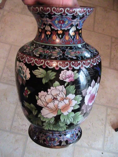 Antique Chinese Cloisonne Glass/Stone Inlay Vase - Flowers, Birds - Meiji