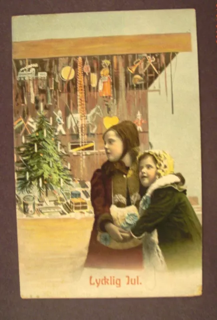 Lycklig Jul - Swedish Christmas Postcard - 2 Children, With Toy Shop Window