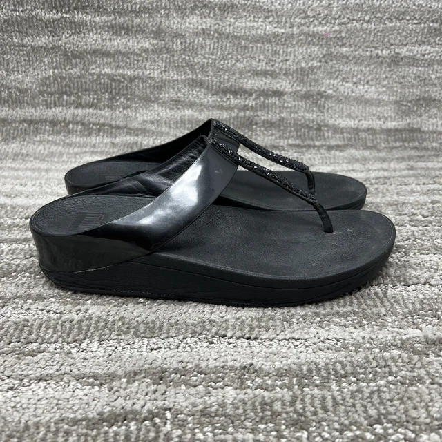 Fitflop Sandals Womens 9 Black Leather Thong Beaded Glitter Wedge C89-001
