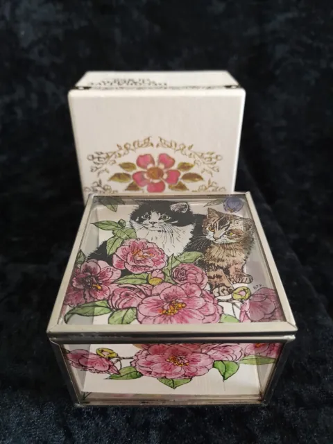 Hand Painted Stained Glass Mirrored Trinket Box With Cats Made In Scotland Boxed
