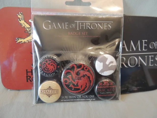 Game of Thrones new Badge set & 3 coasters official HBO 2015