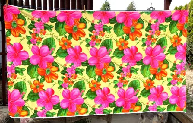 Vintage Floral Barkcloth Hawaiian/Polynesian Textiles Fabric Pink/Orange+74”x 44